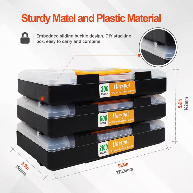 Haespot 3000-Piece Hardware Kit with Anchors, Tapping Screws, Deck Screws&Nails–DIY-Friendly,3-Tier Storage for Home Projects - Image 5